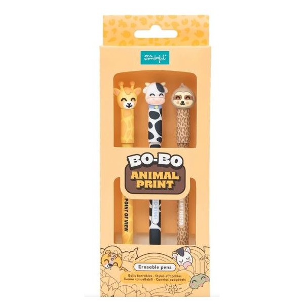KIT 3 x ESFEROGRAFICAS APAGÁVEIS MR WONDERFUL BO-BO - GIRAFA, VACA E PREGUICA