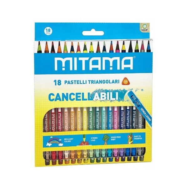 CAIXA C/ 18 LAPIS DE COR MITAMA TRIANGULARES C/ BORRACHA CORES SORTIDAS