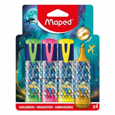 BLISTER C/ 4 x MARCADORES FLUORESCENTE MAPED DRAGON - 3 CORES NEON + DOURADO