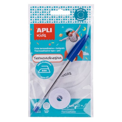 BLISTER C/ ROLO FITA APLI TERMOADESIVA + MARCADOR ROUPA / TEXTIL 10MMx2MT BRANCO